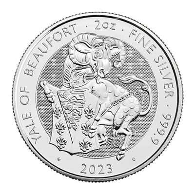 A picture of a 2 oz Tudor Beasts The Yale of Beaufort Silver Coin (2023)